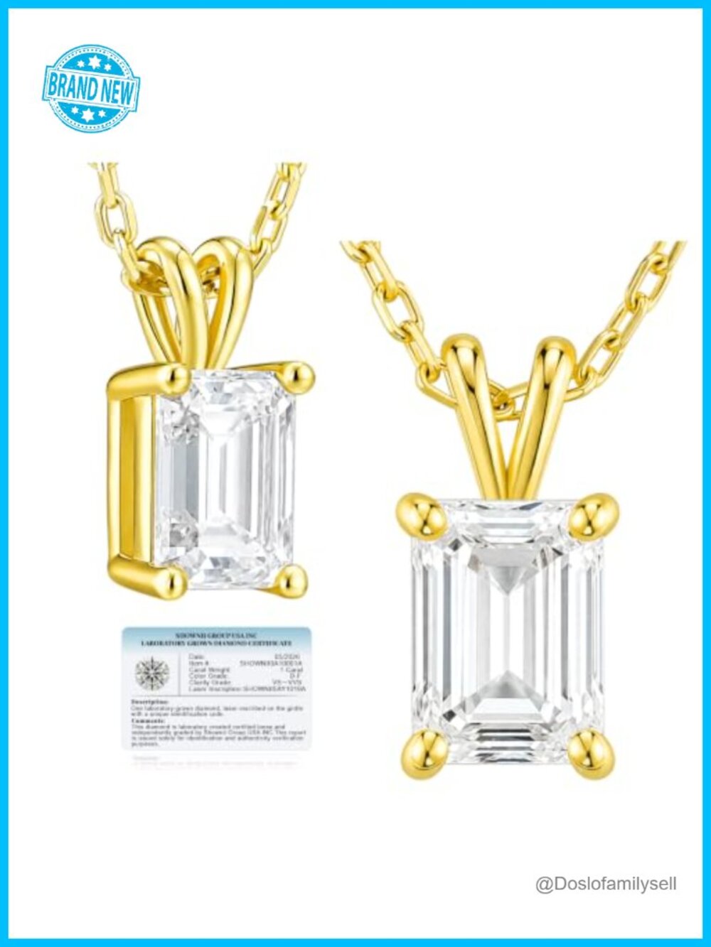 1CT Emerald Cut Lab Grown Diamond Pendant Necklace 14K Gold Plated S925 Silver